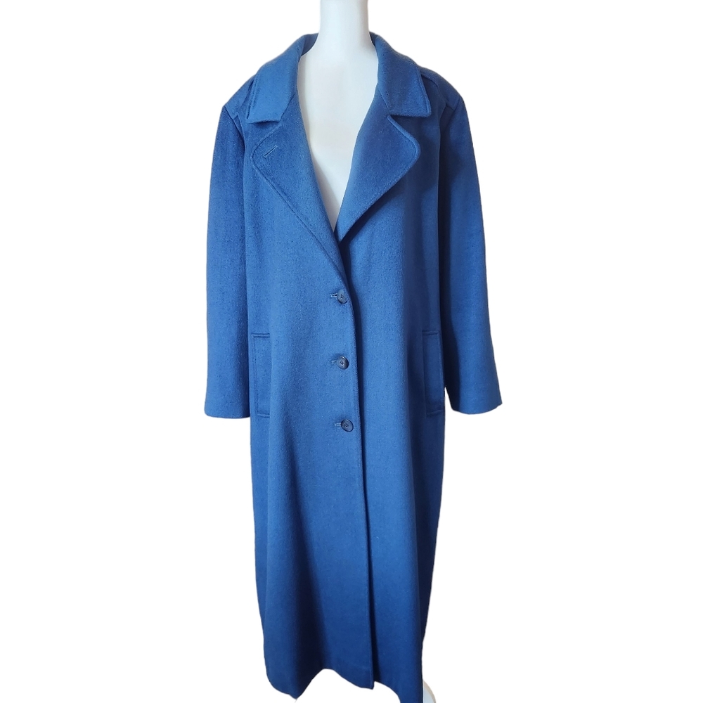 VINTAGE Tailored Long Line Single Breasted Blue Wool Coat L-XL